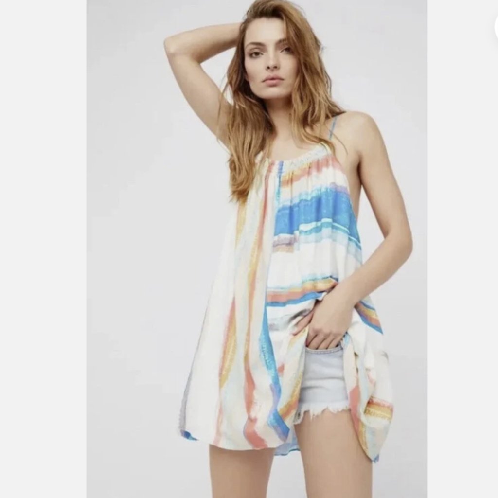 Free People Multicolor Striped Mini Dress Spaghetti Strap Boho Summer Small $148